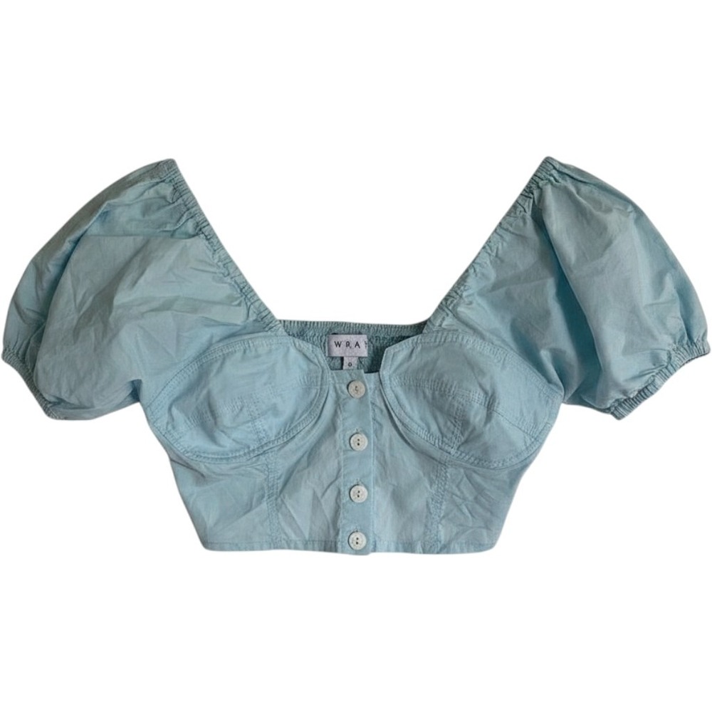 Wray Light Blue Button Front Puff Sleeve Crop Top Milkmaid S Feminine Coquette
